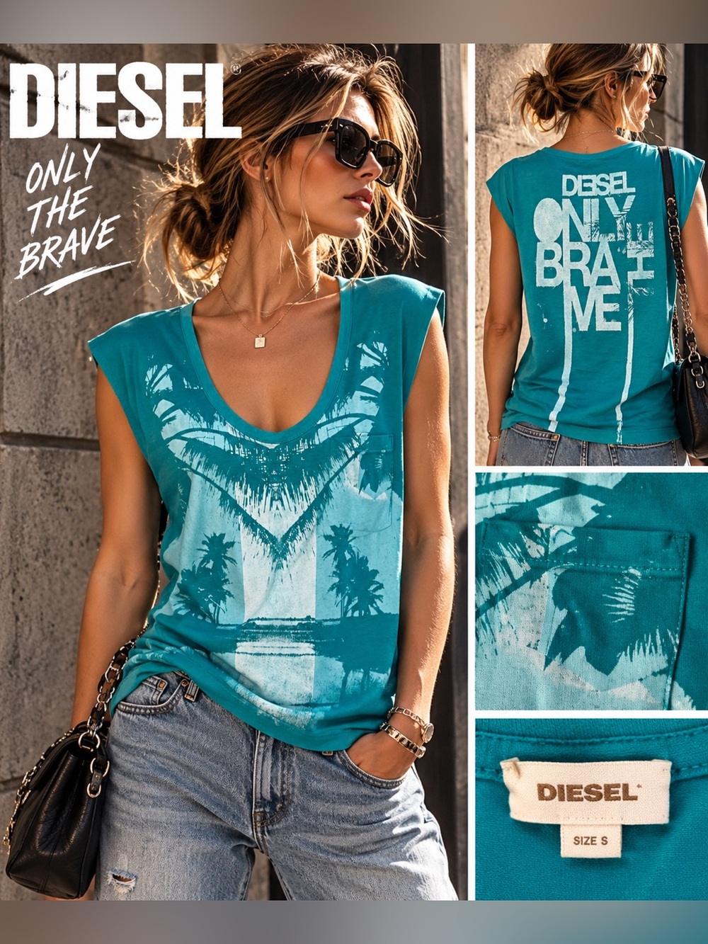 Diesel Turquoise Graphic Sleeveless Top Size S Palm Tree Pocket Tee